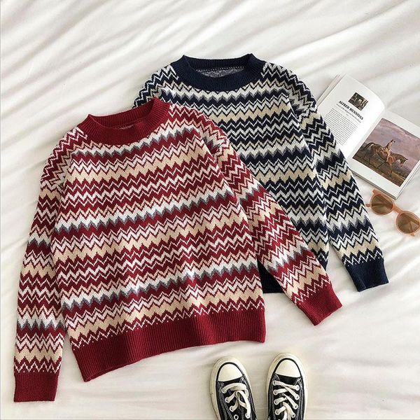

women's sweaters vintage wavy stripe sweater women jumper 2021 autumn winter long sleeved korean casual pullover woman knitted, White;black