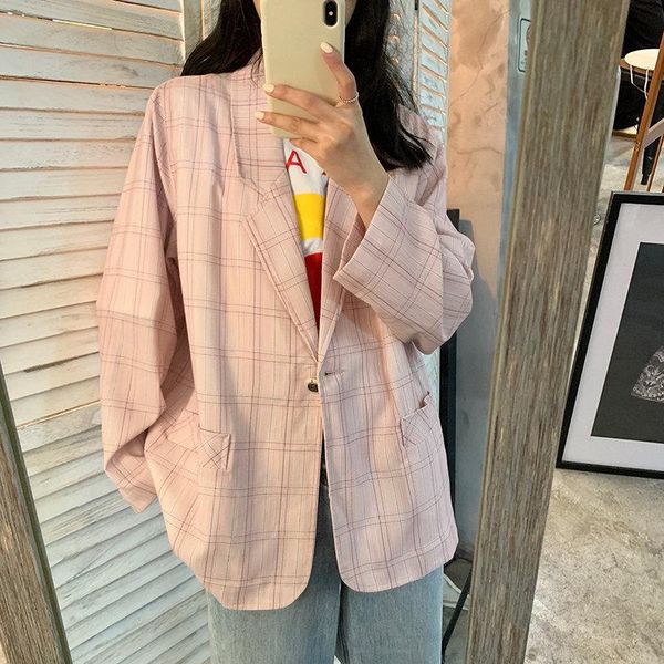 

alien kitty pink office ladies plaid casual all match vintage streetwear stylish women single-button feminine loose blazers, White;black