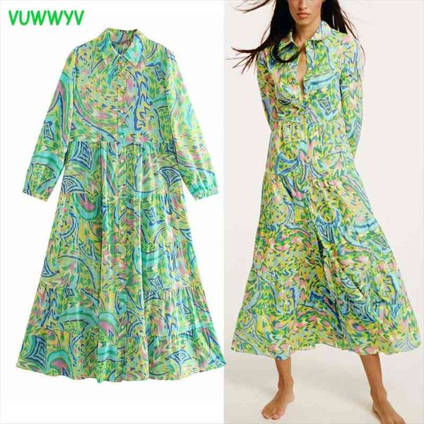 

za long dress woman green print ruffle shirt midi dresses women pleated button up ladies dresses long sleeve vestidos, Black;gray