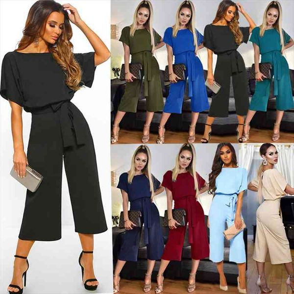 

women bandage short sleeve jumpsuit summer fashion elegant o neck bodycon playsuits wide leg with belt lady long romper, Black;white