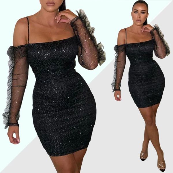 

women mini dress club bandage bodycon dress casual long sleeve dresses mesh transparent party dresses elegant sundress, Black;gray