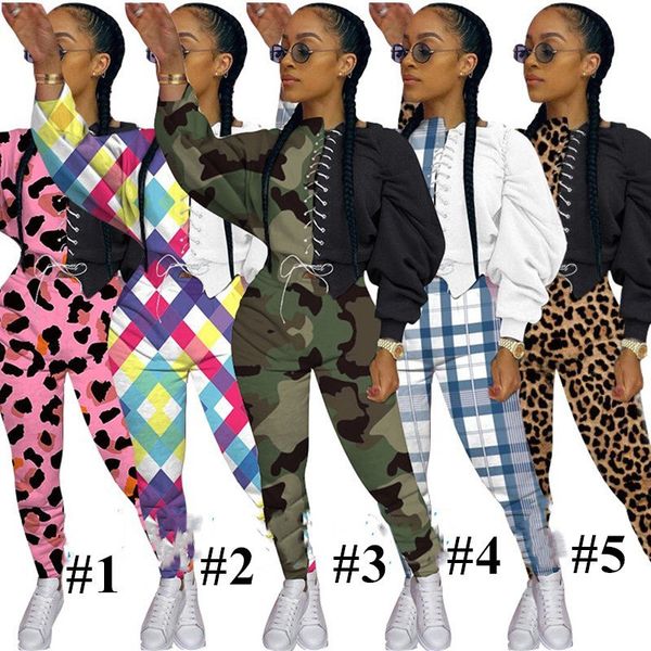 

women bodysuit tracksuit camouflage leopard two-piece strap designers crop t-shirt pullover legging pants outfit sportwear new e92904, White