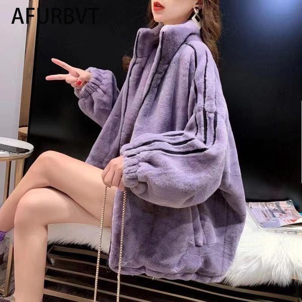 

women's fur & faux fashion mink wool autumn winter coat women jacket fleece shaggy warm cropped jackets overcoat zipper loose outwear, Black