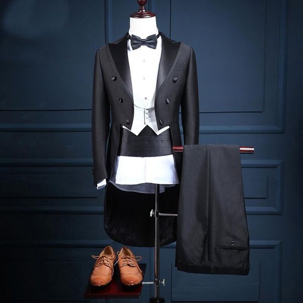 Düğün Adam Kuyruk Ceket Damat Için 3 Parça Kruvaze Siyah Ve Beyaz Zorlu Yaka Özel Erkekler Suits (Ceket + Pantolon + Yelek)