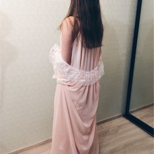 

women priness sleepwear sweet royal nightgown chiffon long gown laciness lace spring summer robe set y200425, Black;red