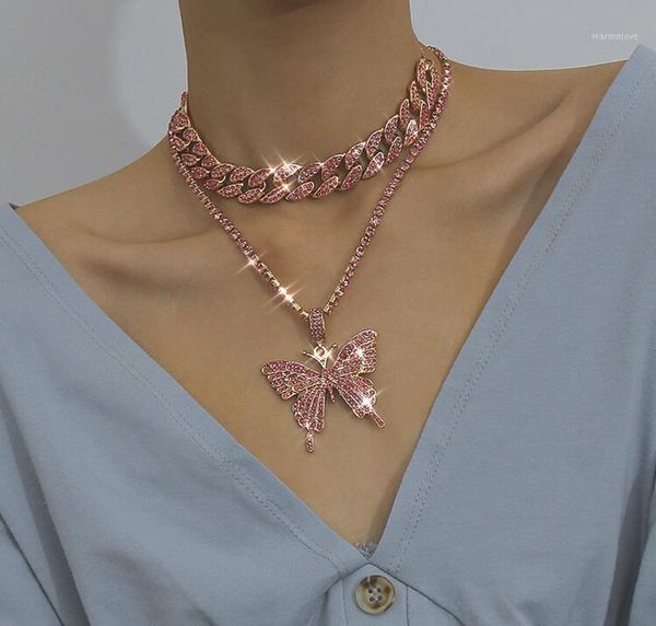 

luxury hip-hop full rhinestone Cuban button pendant simple ins butterfly necklace1, Silver