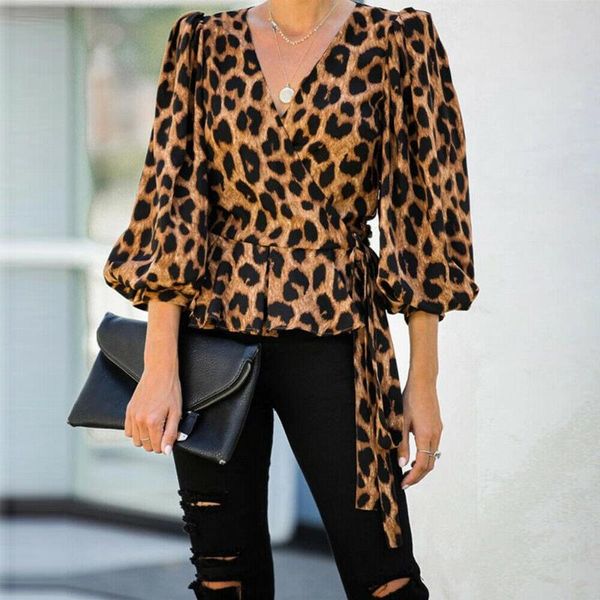 

womens leopard print shirts ladies v-neck 3/4 sleeve shirt office pullover blouse modis female clothing new sale, White