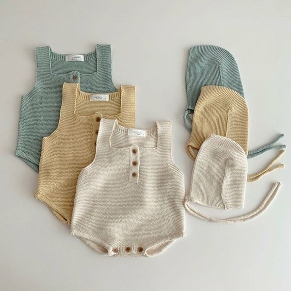 

2021 new baby bodysuit sleeveless newborn infant boys girls jumpsuit outfits cute solid knitted toddler kids body suits and hat 2pcs 2y, Blue