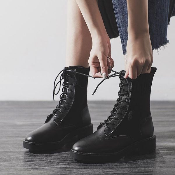 

women's heels motorcycle boots women lace up flat with winter female casual solid sports shoes large size, Black