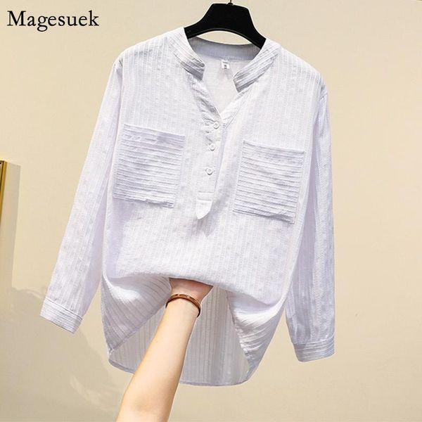 

autumn casual harajuku white shirt women korean style v-neck cotton blouse women 2020 double pockets loose shirts 11686