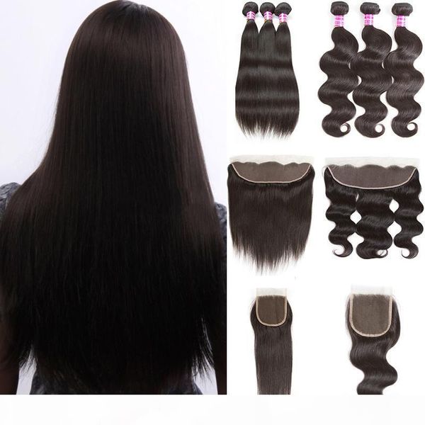 

10a brazilian virgin hair with closure extensions 3 bundles brazilian body wave hair with lace frontal unprocessed straight human hair weave, Black;brown