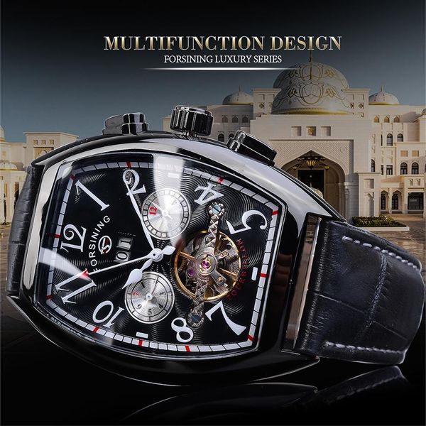 

2021 seller forsining men watch black leather strap business man wrist watches mechanical automatic male clock, Slivery;brown
