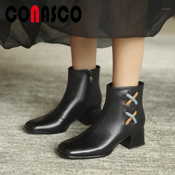 

conasco genuine leather women ankle boots concise thick heels cross-tied shoes woman autumn winter office boots1, Black