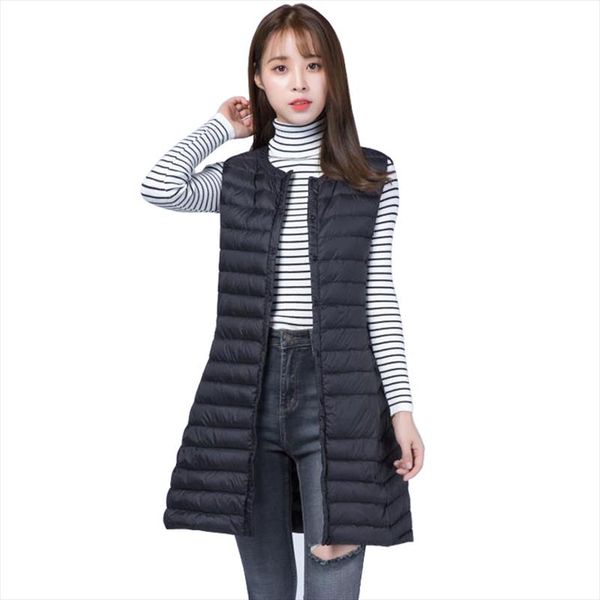 

women autumn winter ultra light down vest windproof sleeveless long waistcoat fashion warm female puffer outerwear jackets coats, Black;white