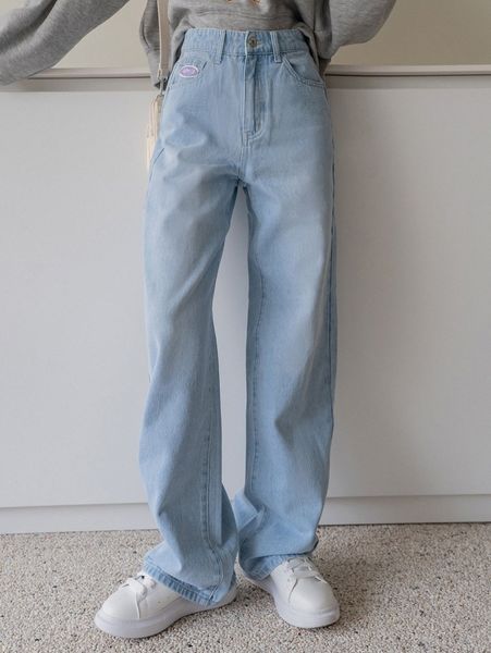 

dazy high waist patched detail straight leg jeans c2pj#, Blue