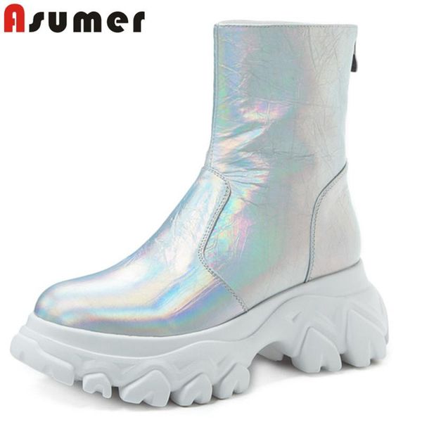 

asumer 2020 genuine leather platform shoes women ankle boots round toe fashion punk shoes woman boots big size, Black