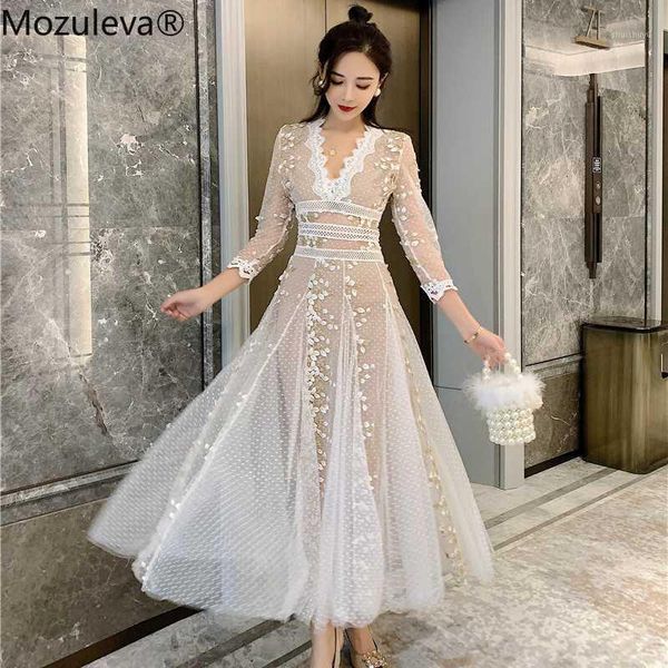 

bornsra 2020 spring v-neck three quarter sleeve mesh embroidery polka-dot dress slim draped party long dress1, Black;gray