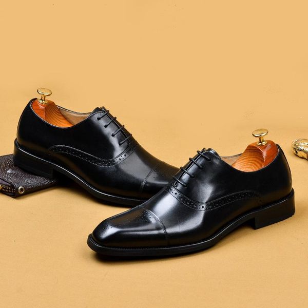 

men dress shoes business genuine leather oxford shoes luxury handmade brogue big sizes slip on retro square toe 2020 new fashion, Black