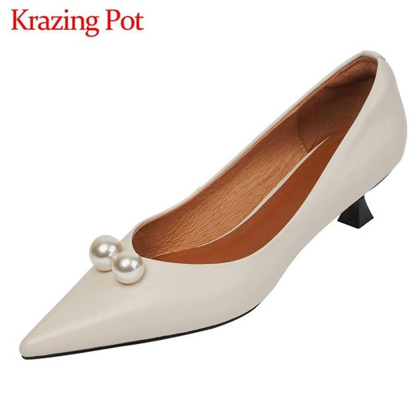 

krazing pot style gladiator full grain leather pearl decorations pointed toe thin med heel slip on maiden women pumps l21, Black