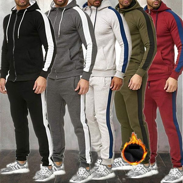 

tracksuit men autumn winter thick warm tracksuit 2 pieces hoodies sets male sweatshirt fleece sets sports suit brand clothing, Gray