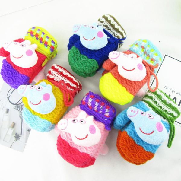 

cartoon winter children's neck knitted plush thickened warm gloves, Blue;gray