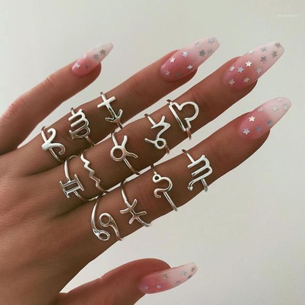 

YAOLOGE 12 Pcs Simple Silver Zodiac Charming Rings For Women Punk Fashion Boho Joint Finger Rings Set Jewelry Accessories1, Golden;silver