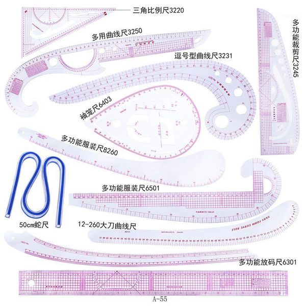 

11pcs multi-function clothing sample cutting ruler metric yardstick rulers drawing tailor ruler curve yardstick sewing tool1, Black