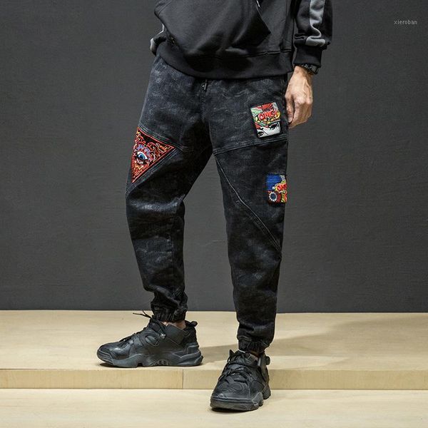 

skinny jeans for men slim fit denim joggers stretch loose pants men's fashion casual trend embroidered bouquet foot harlan jeans1, Blue