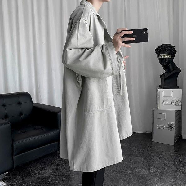 

autumn korean style windbreaker men's fashion solid color casual cardigan jacket men streetwear loose long coat mens trench, Tan;black
