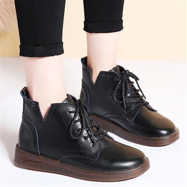 

boots women genuine cowhide ankle snow female outdoor plush warm winter booties autumn waterproof moccasins botas mujer, Black