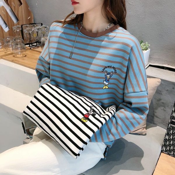 

qliph sp and autumn new wool women's casual versatile cartoon striped embroidery wool ring korean ring embroidered terry cotton loose, Black