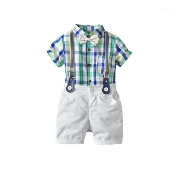 

clothing sets baby summer toddler kid boy clothes gentleman checked bow tie t-shirt overall leggings pants 2pcs outfit1, White