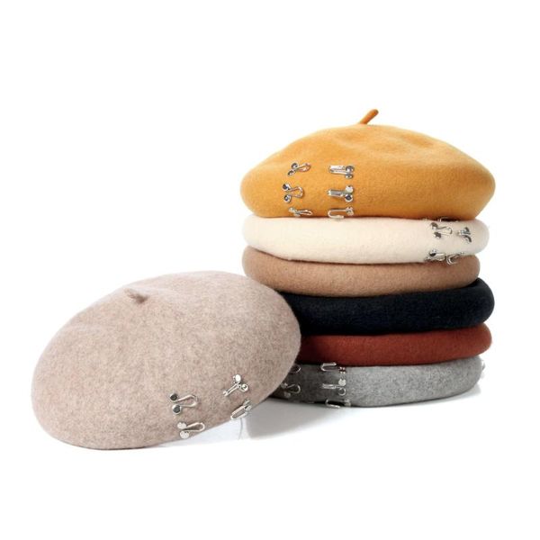 

berets thick warm wool beret caps women casual hip hop artist pumpkin hats punk metal lock ring panama gorros, Blue;gray