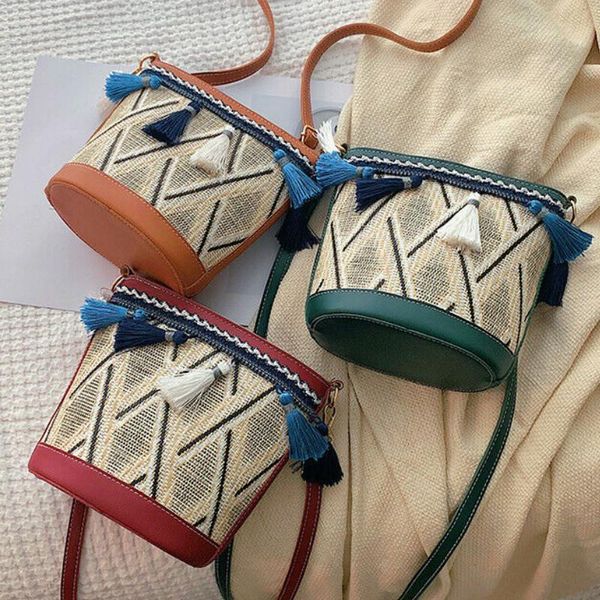 

straw weave crossbody bucket bags for women 2020 summer handbag tassel shoulder messenger bag