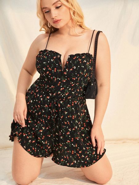 

plus ditsy floral print lettuce trim belted cami jumpsuit j3fj#, Black