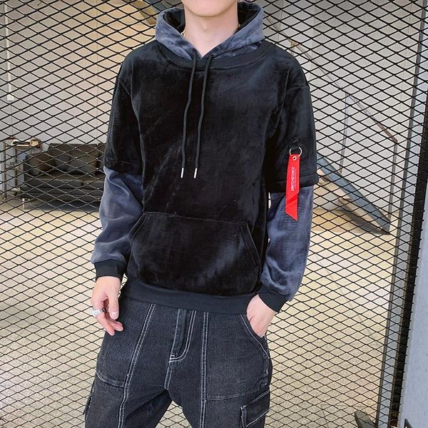 

men autumn winter warm patchwork hoody hoodies fake two pieces long sleeve pullover hoodies plus size fleece men pocket, Black