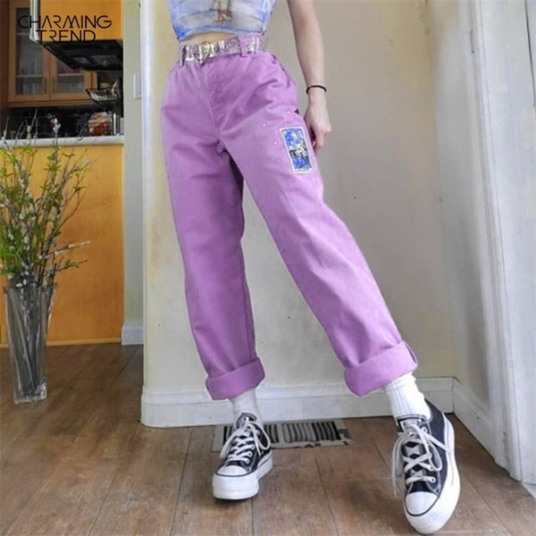 Cartoon-Muster Frauen Hosen Hohe Taille Vintage Gerade Hosen Für Damen Sommer Herbst Frauen Casual Streetwear Hosen Licht LJ201029