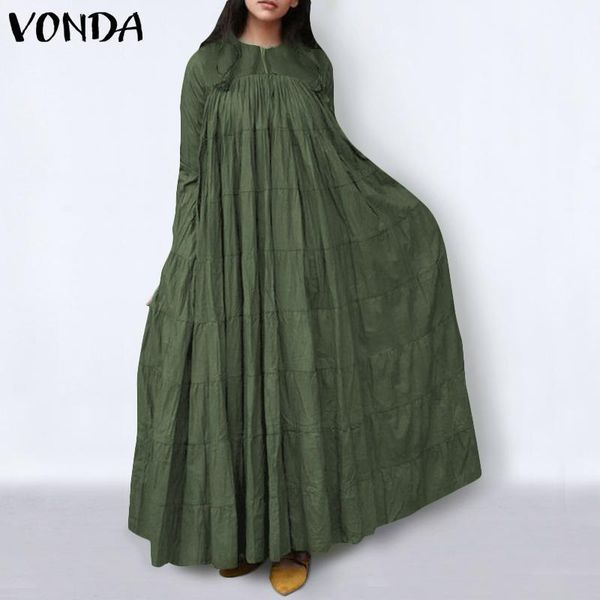 

women loose dress plus size long sleeve sundress bohemian holiday sundress pleated long maxi party dress vonda spring vestidos1, Black;gray