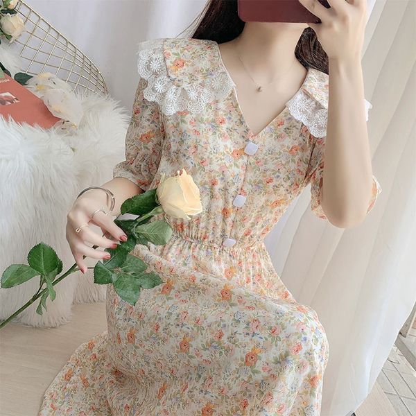 

baby collar floral women summer harvest waist show thin temperament fairy gentle princess dress skirt doll women's dress wind lace spli, Black;gray