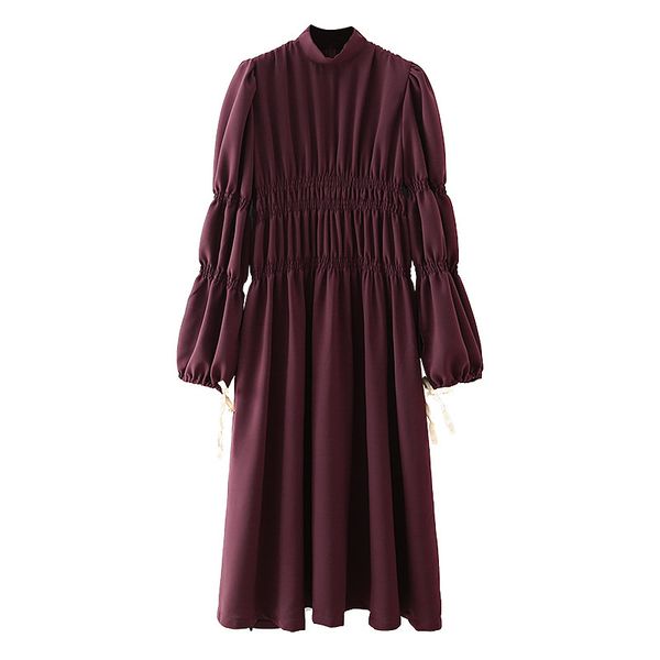 

2021 new art deco pottery midi women autumn high neck long puff sleeve elastic ruched dress woman pleated elegant dresses 52cr, Black;gray
