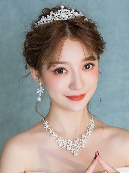 

bridal headdress crown necklace earring atmosphere wedding white dress super fairy three piece set girl, Silver