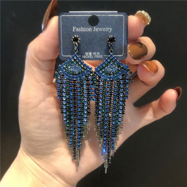 

s925 silver needle heavy industry full drill fan-shaped blue tassel long earrings