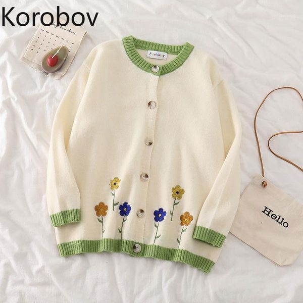 

korobov preppy style flower knitted jacquard embroidery sweaters 2020 new chic o neck long sleeve sweet cardigans outwear, White