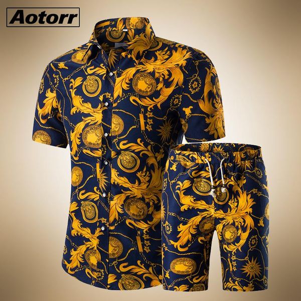 

summer set man fashion floral print shirts+shorts set male short sleeve shirts casual men clothing sets tracksuit plus size, Gray