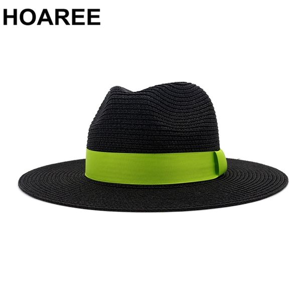 

hoaree men women panama hat stylish black green straw sun hats british style jazz fedora summer beach brand trilby wide brim hat y200714, Blue;gray