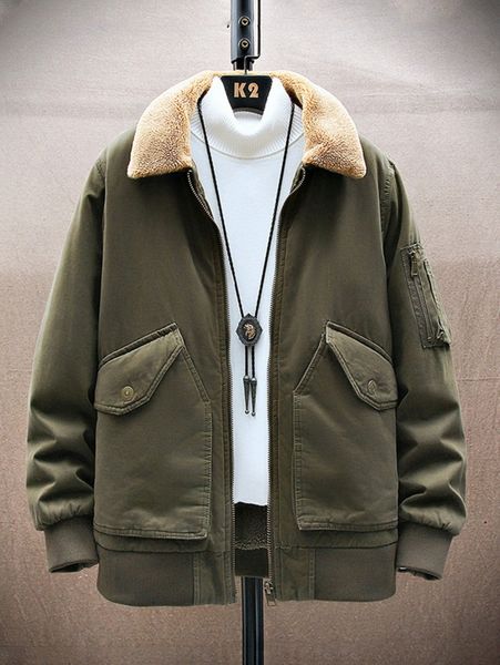 

men 1pc borg collar zip up winter coat 83mw#, Black;brown