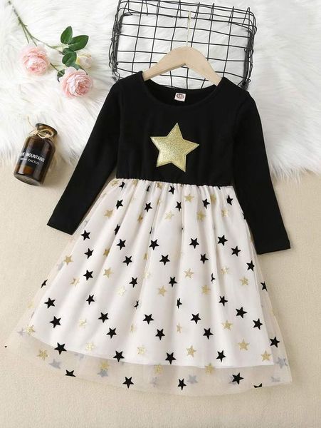 

girls patched detail star mesh overlay dress she, Red;yellow
