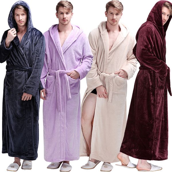 

new men winter extra long hooded thick flannel warm bath robe male dressing gown thermal bathrobe women mens luxury kimono robes 201109, Black;brown