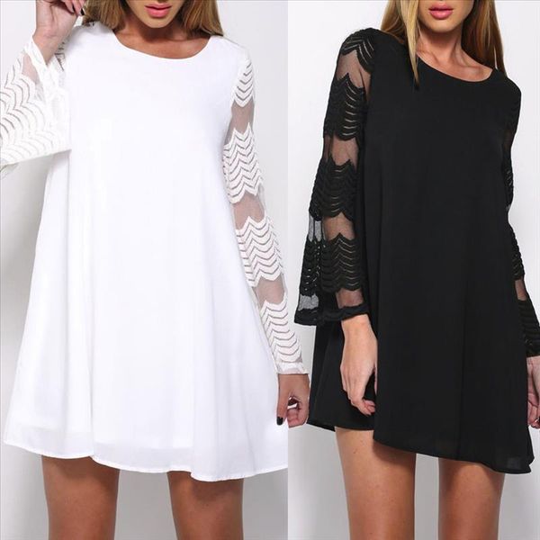 

женщины осень повседневная длинные рукава hollow белое платье шифон o-образным вырезом сыпучие короткие мини-элегантный офис платье sukienka, Black;gray