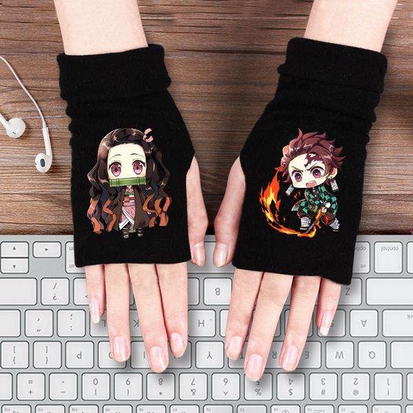 

cartoon color picture winter warm cotton half finger student gloves, Blue;gray